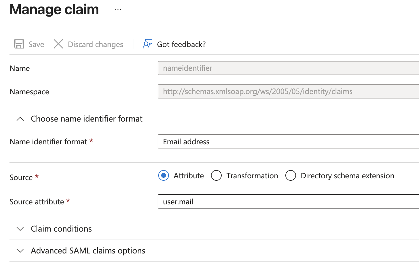 Entra NameID claim configuration