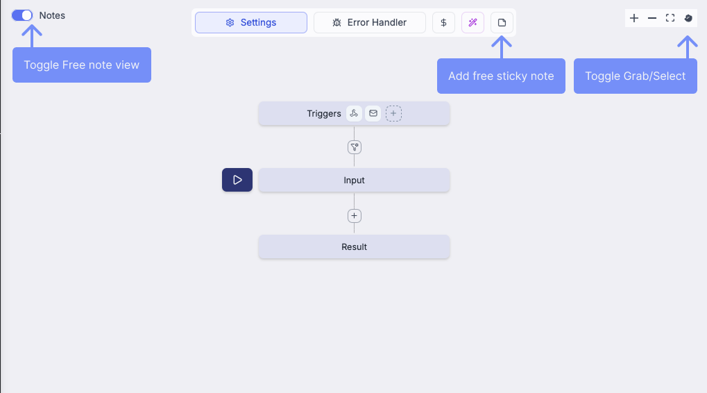 Sticky notes interface - toolbar with sticky note button and toggle Sticky notes interface